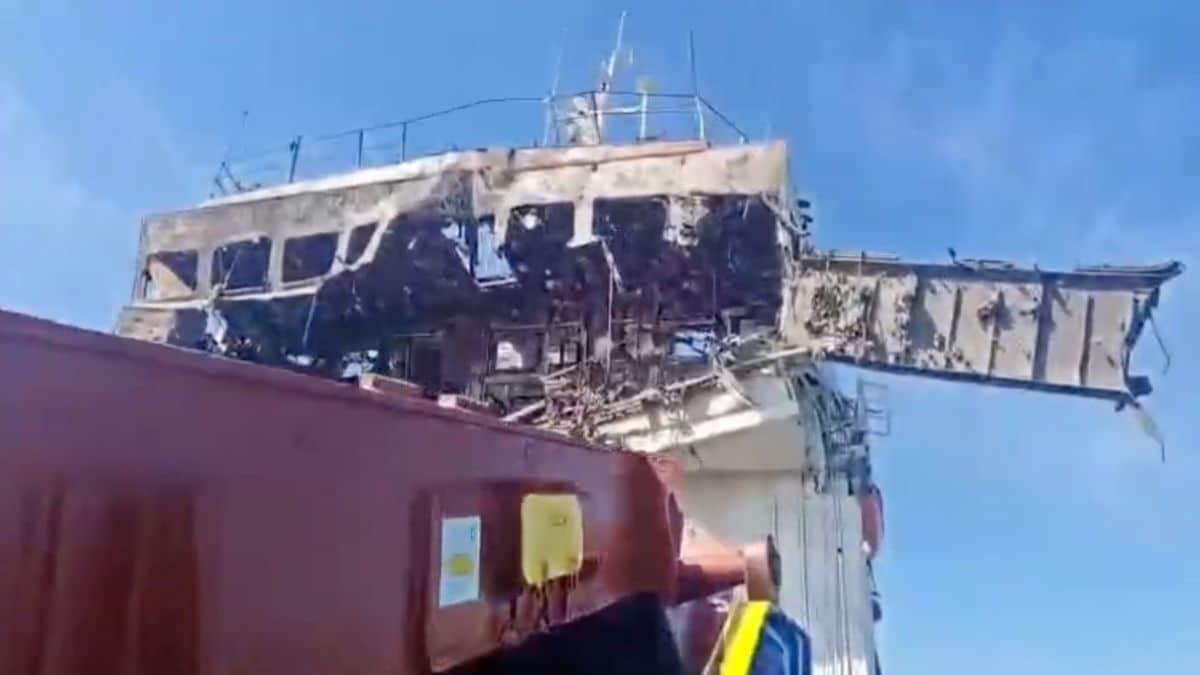Visuals showing the wreckage of the cargo ship 'Natra' after a drone attack on June 5, 2026 | Reuters