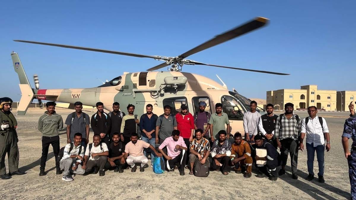 Rescued Indian crew members of the MT Marivex merchant tanker