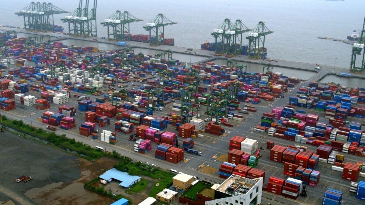 An aerial view of containers at the Jawaharlal Nehru Port