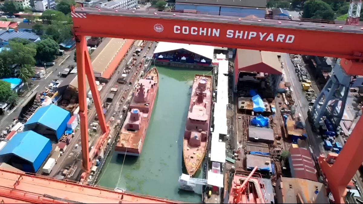 An aerial view of Cochin Shipyard Limited in Kochi, Kerala