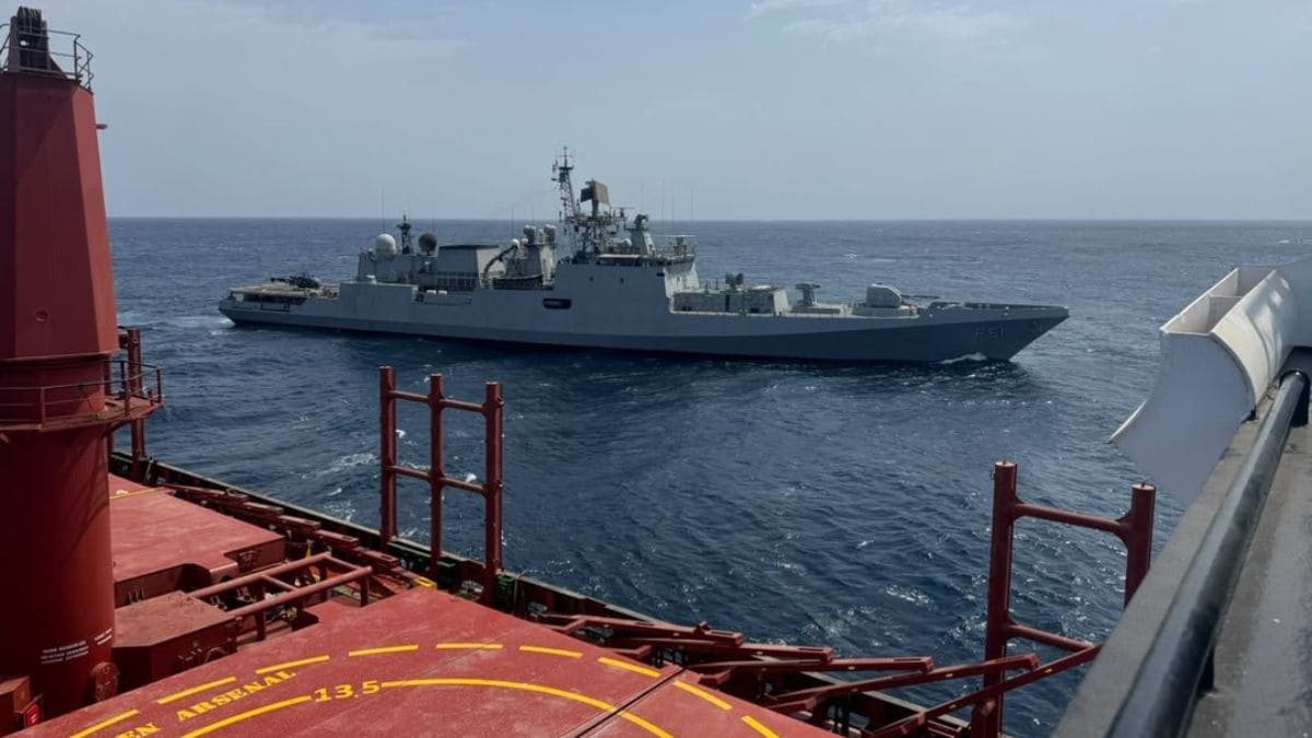 The 'INS Trikand', as seen from the deck of the bulk carrier 'Golden Arsenal' | X/@ANI