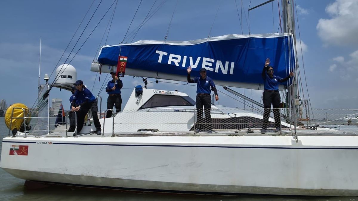 [File] Visuals showing the 'IASV Triveni', the sailing vessel that carried a nine-member all-women Tri-Services crew across the globe in 314 days | X