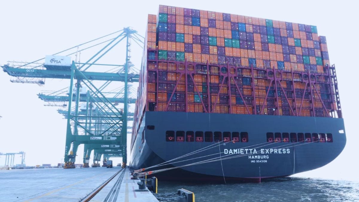 [File] The 'Damietta Express', an ultra-large container vessel from Hapag-Lloyd, docked at the Jawaharlal Nehru Port in Mumbai | X/@JNPort