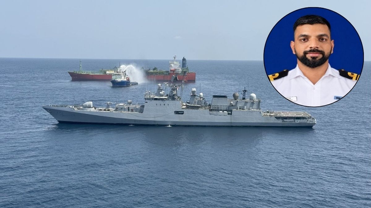 The Indian Navy warship 'INS Trikand' assists rescue operations for the 26 crew members onboard the attacked tanker 'MT Falcon' in the Gulf of Aden on October 18, 2025; (inset) Lieutenant Commander Shivam Kumar, who was awarded the Shaurya Chakra for his gallantry during these rescue operations | X