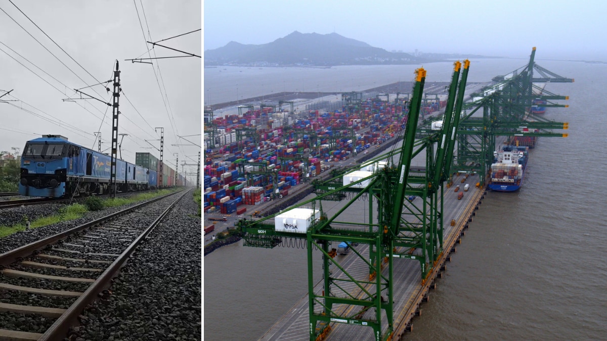 India's first double-stacked long-haul container train (L) en route from the Jawaharlal Nehru Port (R) in Mumbai to CONCOR’s Goods Cargo Terminal at Varnama in Gujarat's Vadodara | X