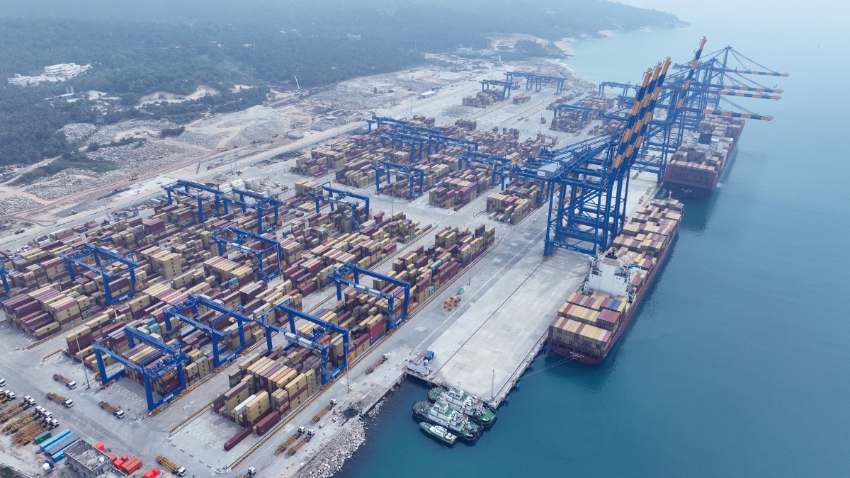 An aerial view of container ships docked at the Vizhinjam Port in Thiruvananthapuram, Kerala