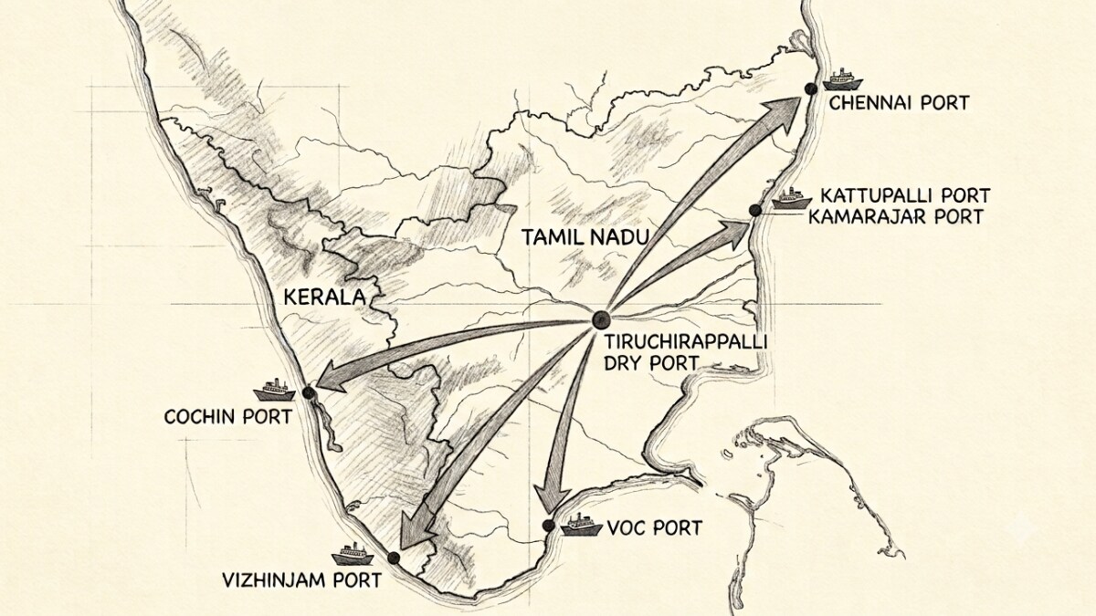 An AI-generated representative image showing how the proposed dry port in Tiruchirappalli could connect to various seaports in Kerala and Tamil Nadu | THE WEEK