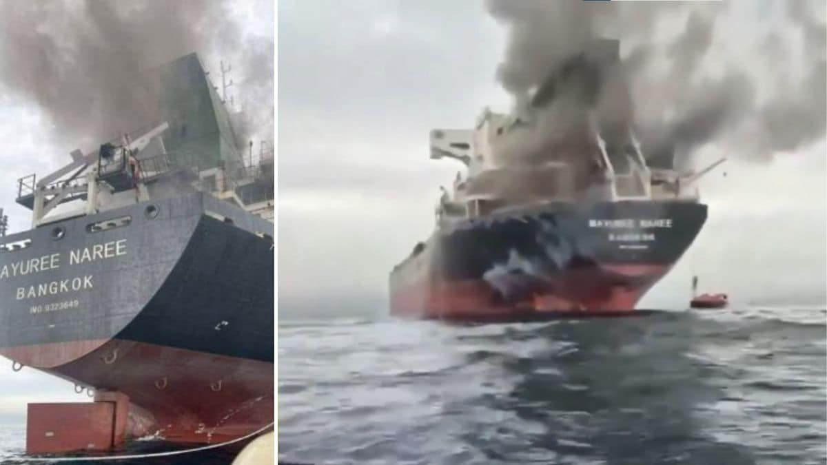 A file photo of the bulk carrier 'Mayuree Naree' when it was first struck on March 11 (L); Visuals of the Thai-flagged vessel after it ran aground off the southern coast of Iran's Qeshm Island (R) | X, Royal Thai Navy via Reuters