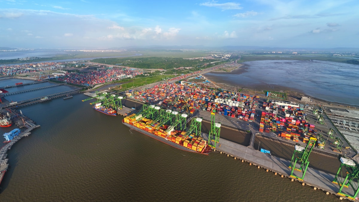 An aerial view of the Jawaharlal Nehru Port in Maharashtra