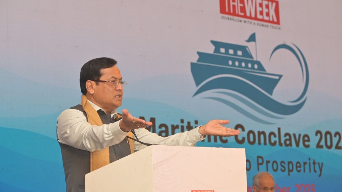 Union Minister of Ports, Shipping and Waterways Sarbananda Sonowal speaking at the THE WEEK Maritime Conclave 2026 in Ahmedabad | Amey Mansabdar 