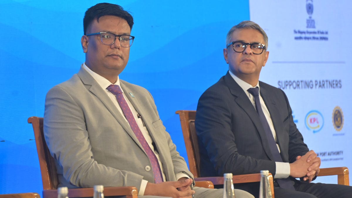 Vivek Sharma (left), head of Business Development & Regulatory Affairs (India, Bangladesh and Sri Lanka region), Maersk, with THE WEEK Chief Associate Editor and Director Riyad Mathew at THE WEEK Maritime Conclave 2026 in Ahmedabad | Amey Mansabdar