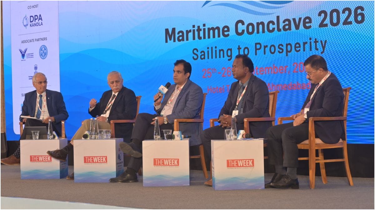 (From left) Admiral Karambir Singh (Retd), former Indian Navy Chief; Vice Admiral RB Pandit (retd), former C-in-C, Strategic Forces Cd; Capt Ashutosh Sharma, CGM, IFCA, GIFT City; Capt Ajit Sunil Topno, Nautical Surveyor, Directorate General of Maritime Administration and AddI DG A.K. Harbola (Retd), Director (Projects), Rashtriya Raksha University during a panel discussion on 'Maritime Strategy & Security' at THE WEEK Maritime Conclave  in Ahmedabad | Amey S. Mansabdar