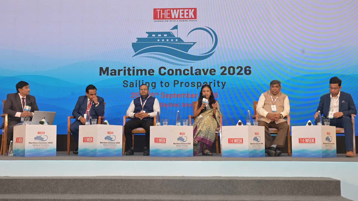 (Left to right) Tushar Pradhan, CEO, Indian Maritime Centre; Rohit Agarwal, COO, Bansal Shipbreakers; Dr Anand Hiremath, CEO, Sustainable Ship and Offshore Recycling Program; Pallavi Mansingh, National Project Coordinator, ILO; Vidyadhar Vasudeo Rane, Gen Secretary, Alang Sosiya Ship Recycling and General Workers Association; Prasad Sawant, CEO, Buoyancy at THE WEEK Maritime Conclave 2026 in Ahmedabad | Amey Mansabdar