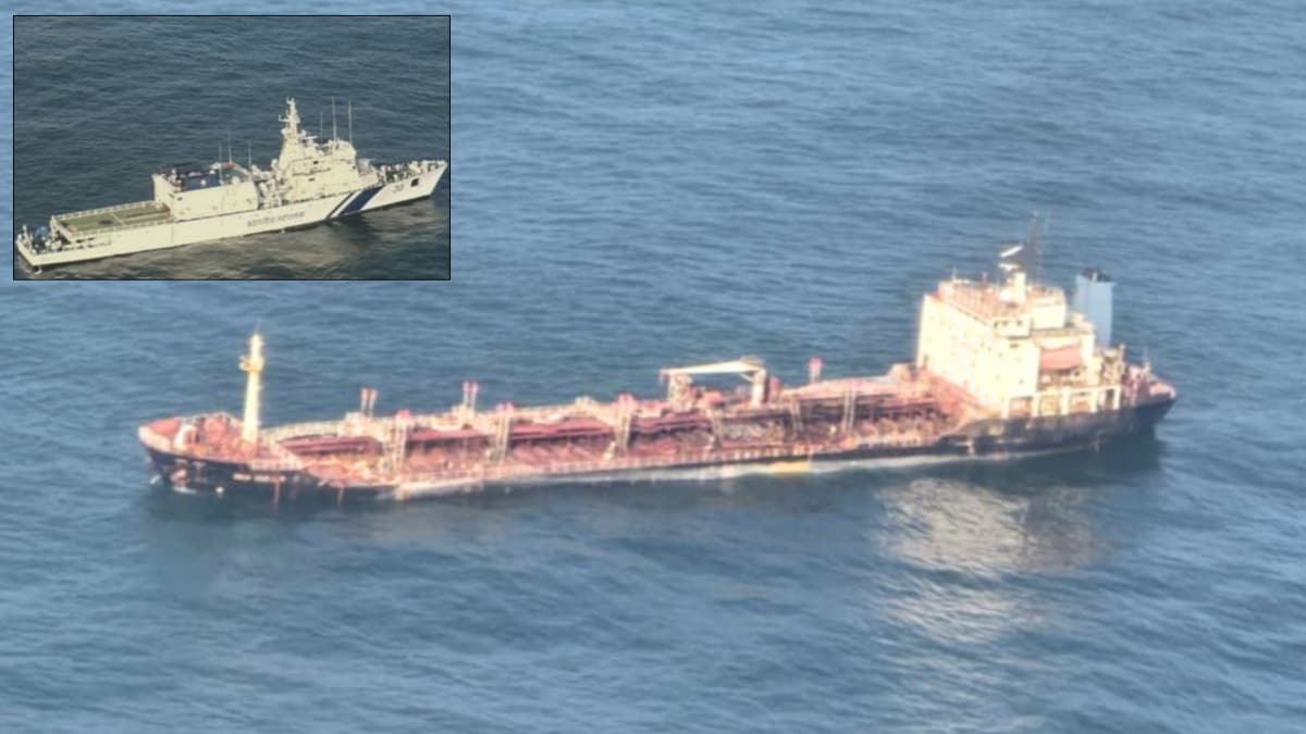 The unstable chemical tanker 'Sea Gull 9' listing in the Bay of Bengal; (inset) The Indian Coast Guard's 'ICGS Vishwast', which saved the ship and its crew members | X/@ANI