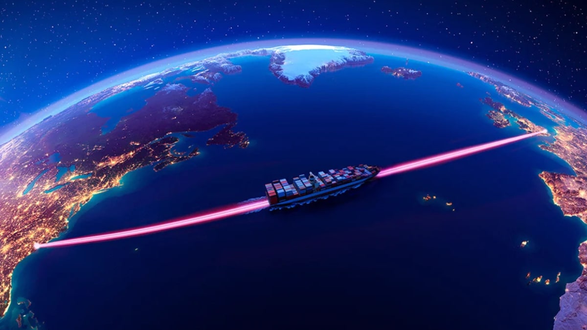 A representative image of a nuclear container ship travelling across the Atlantic Ocean from the US to the UK