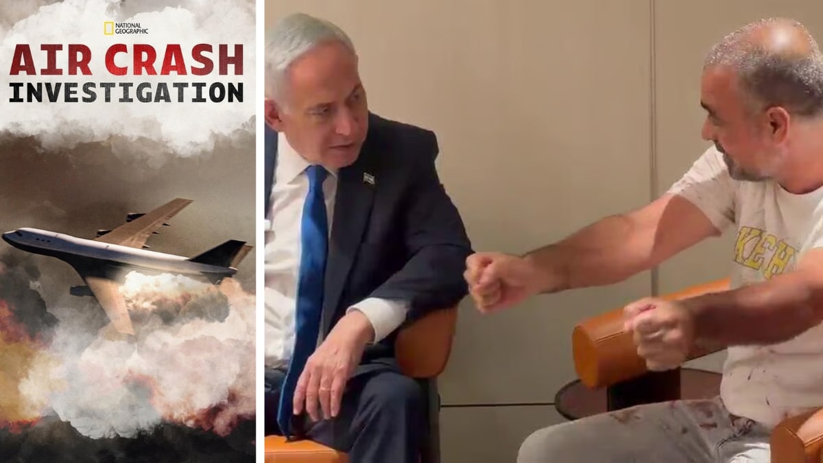 The poster for the 2003 docuseries 'Air Crash Investigation', also known as 'Mayday' (L) and Israeli PM Benjamin Netanyahu discusses the mid-air flydubai scare with aniv Hayun, one of the Israeli passengers who helped take back control of the flydubai flight FZ1073 (R) | X, IMDb