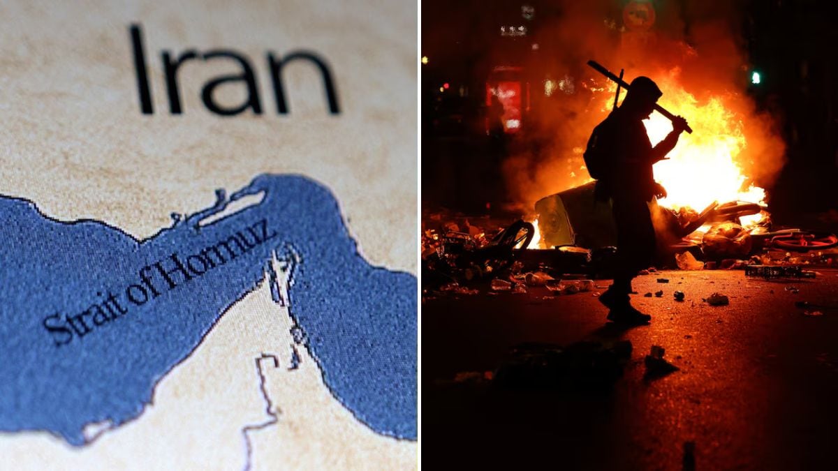 Representative images of the Strait of Hormuz (L) and the October 19 protests in France (R) | Reuters
