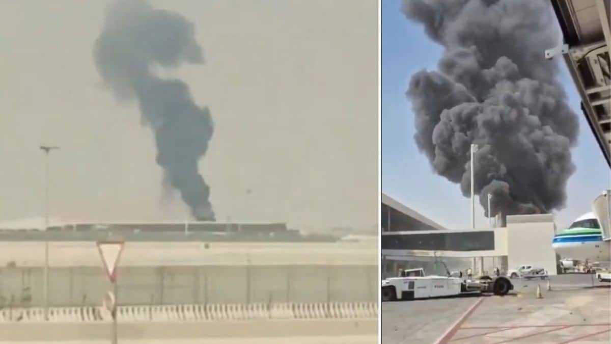 Smoke was seen rising from a stationary aircraft at Riyadh airport following the strike | X