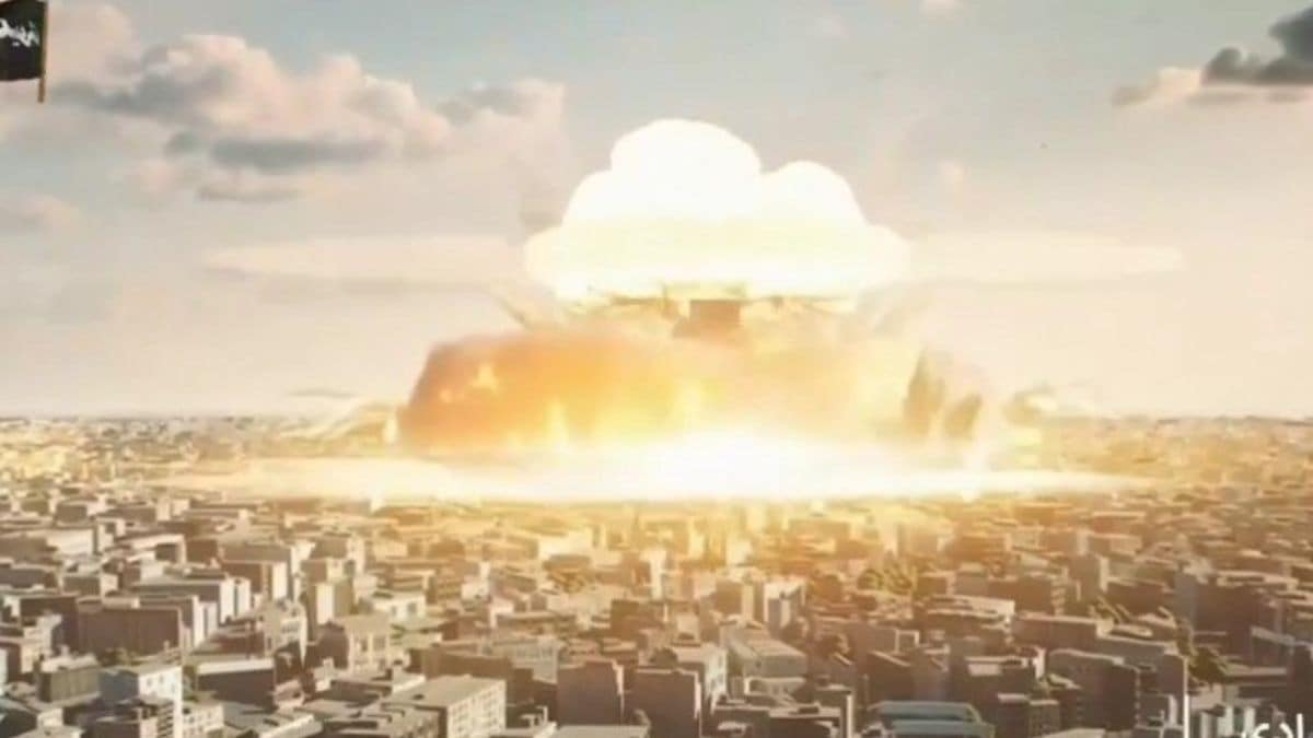 Screengrab from the footage aired in Iranian state media showing a mushroom cloud over an unidentified city | X 