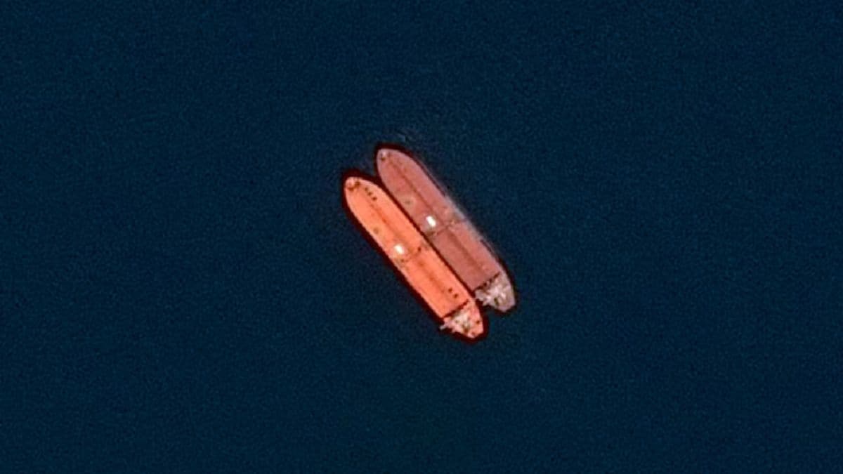 A satellite image of side-by-side ships at sea, off the coast of Sohar, Oman, on June 9, 2026  | Reuters