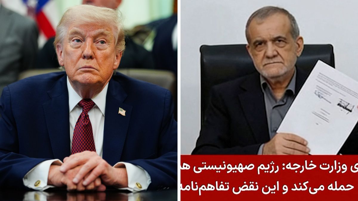 US President Donald Trump. (Right) Iran's President Masoud Pezeshkian holding a document showing a memorandum of understanding he signed to end the Middle East war | Reuters 