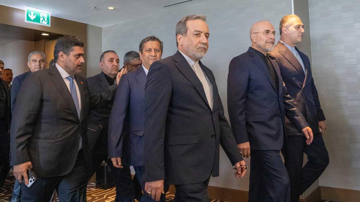 Minister of Foreign Affairs of Iran, Seyyed Abbas Araghchi, 3rd from right, and Speaker of the Islamic Parliament of Iran, Mohammed Bagher Ghalibaf, 2nd from right, with the Delegation of Iran at the Lake Lucerne Summit at the Buergenstock resort in Obbuergen, near Lucerne, Switzerland | AP