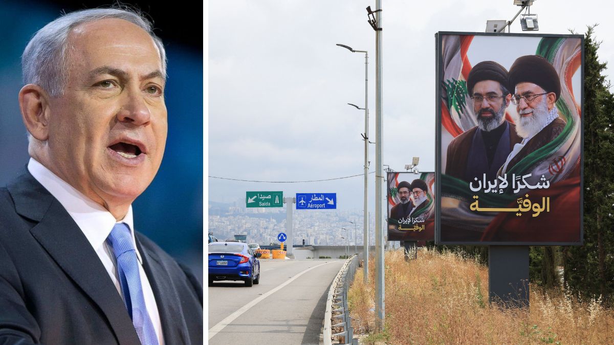 Israeli Prime Minister Benjamin Netanyahu. (Right) Vehicles drive past billboards showing Iran’s new Supreme Leader Ayatollah Mojtaba Khamenei and his late father Ali Khamenei, with the slogan “Thank you to loyal Iran,” erected along the highway leading to Rafic Hariri International Airport in Beirut |  Reuters 