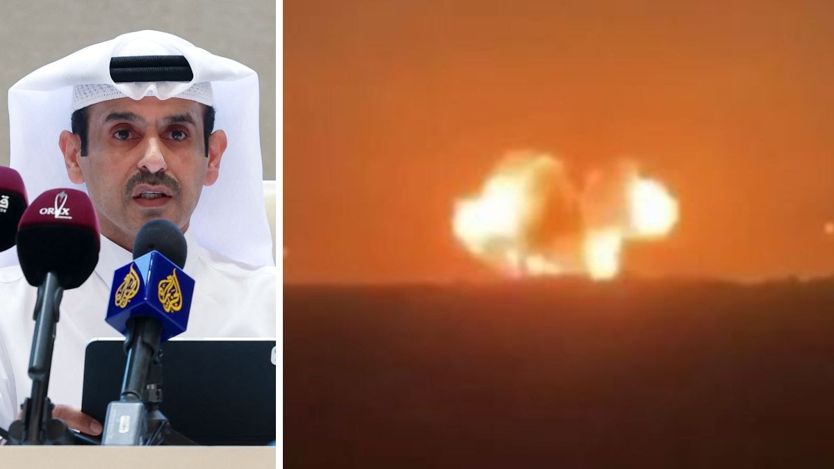 Qatar's Energy Minister and CEO of QatarEnergy Saad Sherida al-Kaabi speaks during a press conference in Doha. (Right) Screengrab from the footage showing the explosion at Barzan gas plant in Qatar's Ras Laffan industrial unit | X 