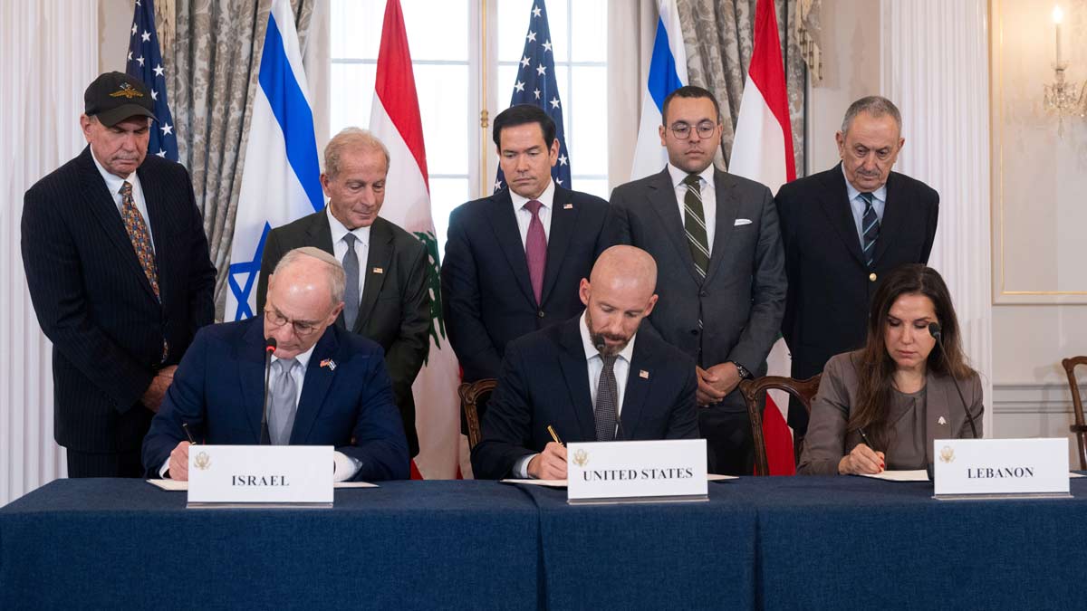 Secretary of State Marco Rubio and others watch as Israel's Ambassador to the U.S. Yechiel Leiter, counselor Dan Holler, and Lebanon's Ambassador to the US Nada Hamadeh, sign the framework agreement | AP