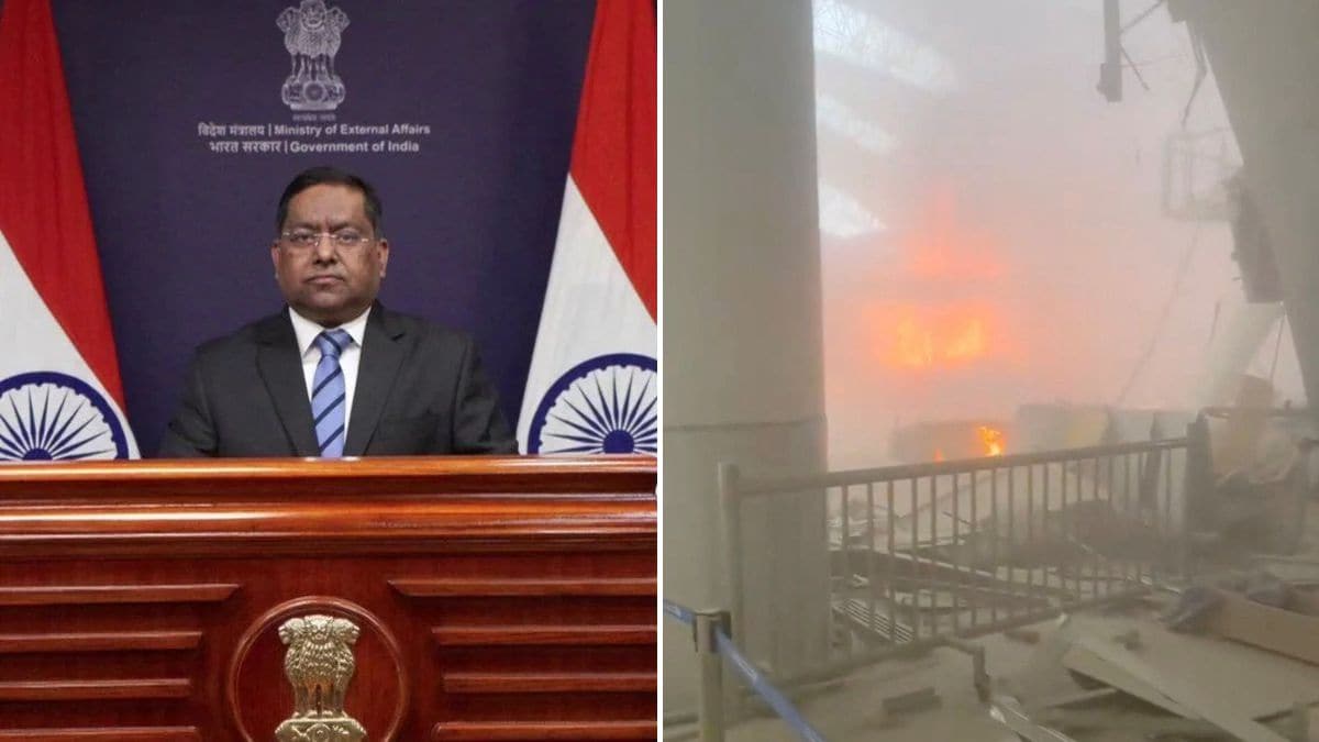 Ministry of External Affairs Spokesperson Randhir Jaiswal (L) and visuals from the Kuwait International Airport purportedly showing the damage caused by the Iranian airstrike (R) | YouTube/MEA India, Reuters