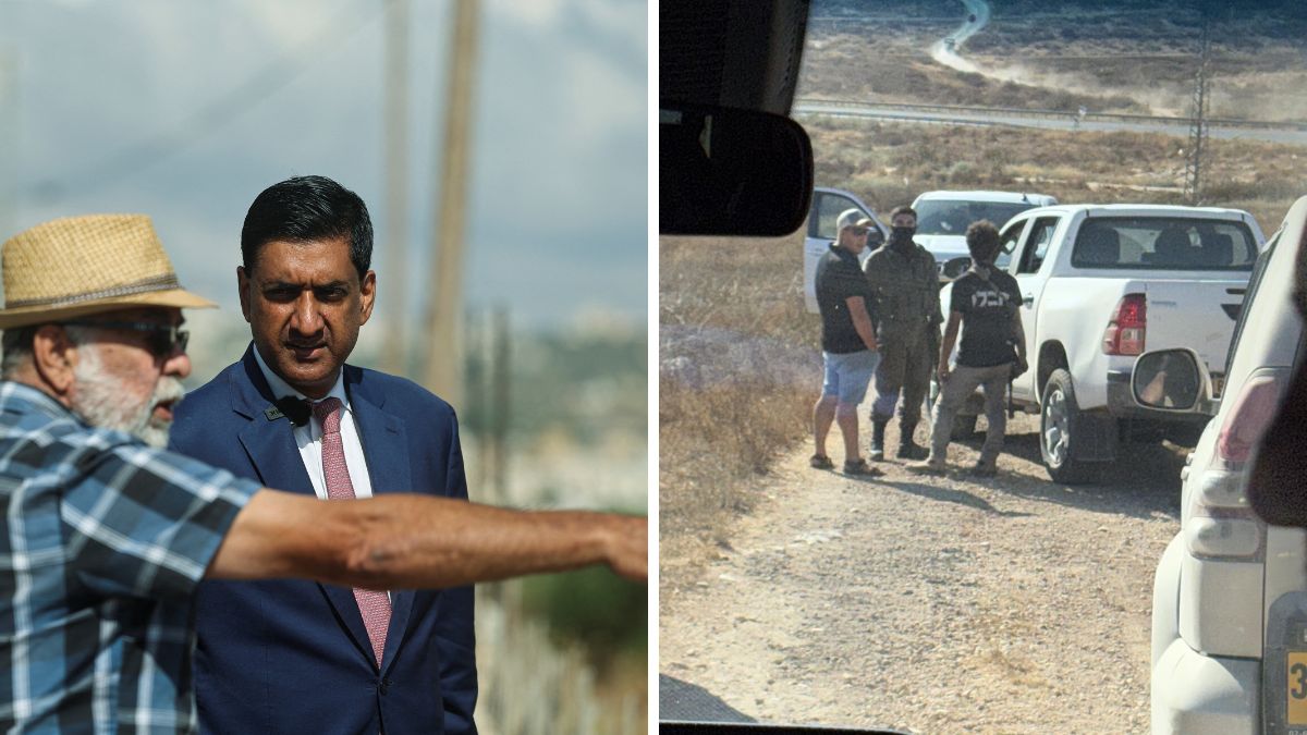 U.S. Representative Ro Khanna (D-CA) speaks with a Palestinian resident of Turmus Ayya, near Ramallah. (Right) Israeli settlers blocking the convoy of Khanna (D-CA) in Khirbet Zanuta | Reuters 