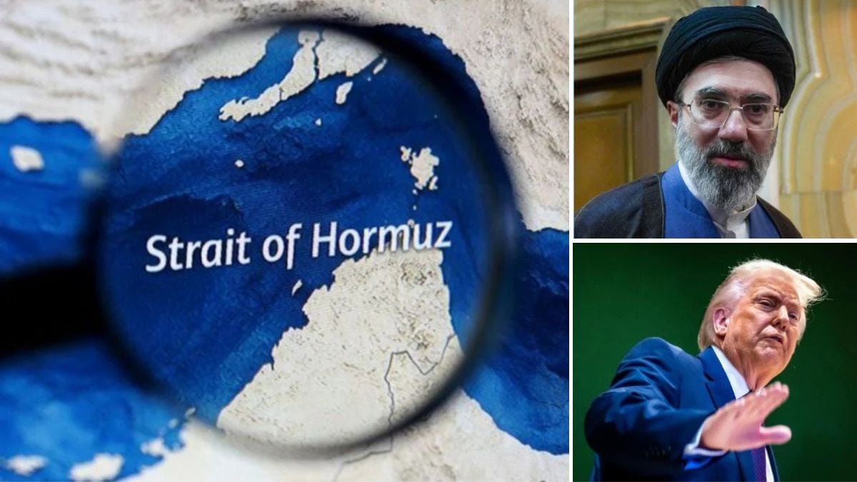 (Clockwise from left) Representative image of the Strait of Hormuz, Iran's Supreme Leader Mojtaba Khamenei, and US President Donald Trump | AP, Reuters