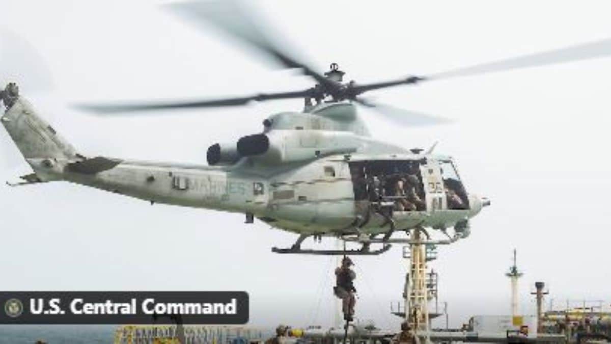 Screengrab from the video shared by US CENTCOM showing Marines boarding an Iranian-flagged vessel | X 