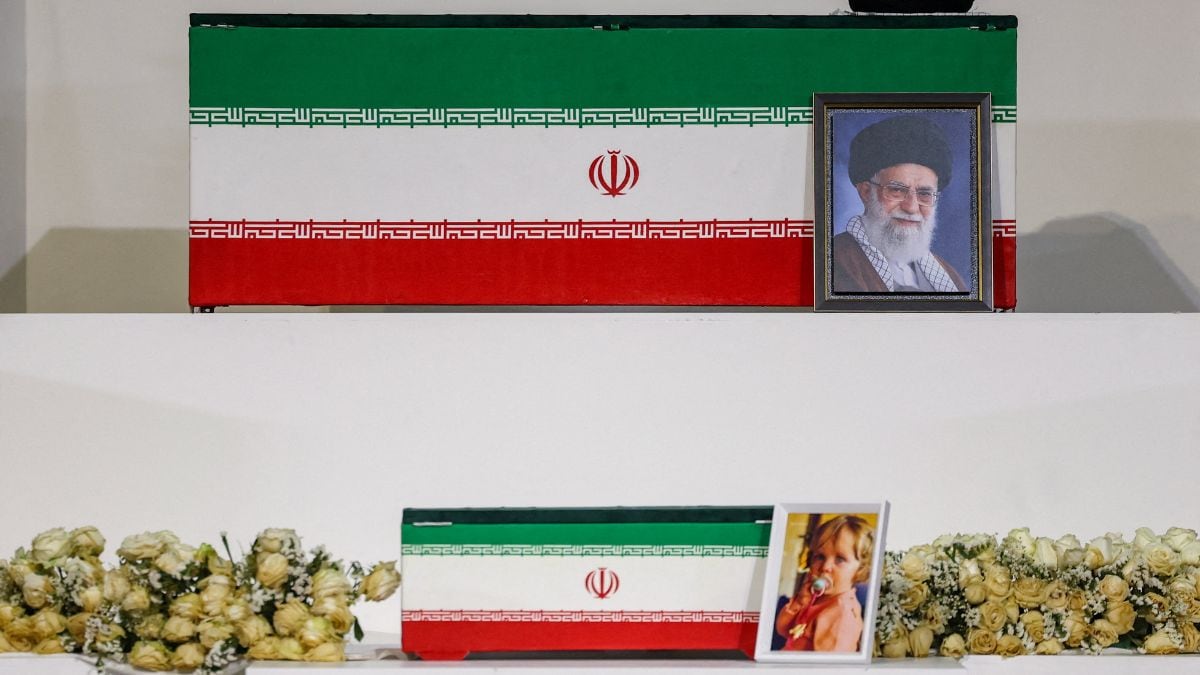 The coffins of Iran's late Supreme Leader Ayatollah Ali Khamenei and his granddaughter Zahra Mohammadi Golpayegani are displayed during a farewell ceremony for the latter on July 3, 2026 | Reuters