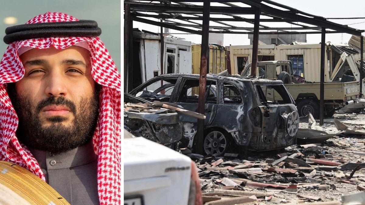 Saudi Crown Prince Mohammed bin Salman. (Right) Scorched vehicles at the site of a  strike in Bartalla in the northern Iraq which came under US-Saudi attack | AFP 