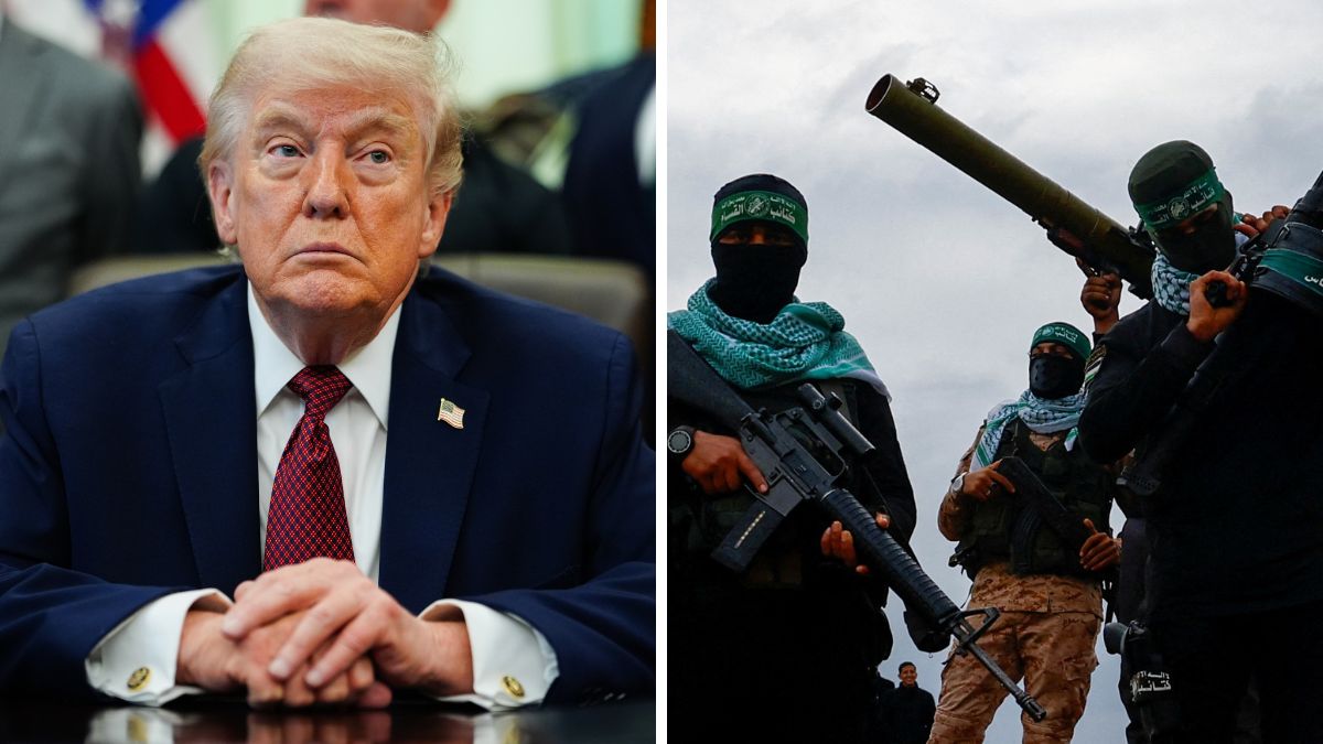 US President Donald Trump. (Right) Hamas activists in Gaza | AFP