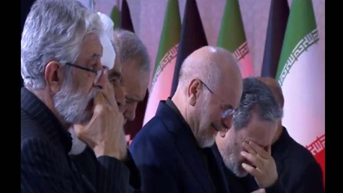 Iranian Parliament Speaker Mohammad Bagher Ghalibaf and Foreign Minister Abbas Araghchi during the funeral of Ayatollah Ali Khamenei | X/IRIB
