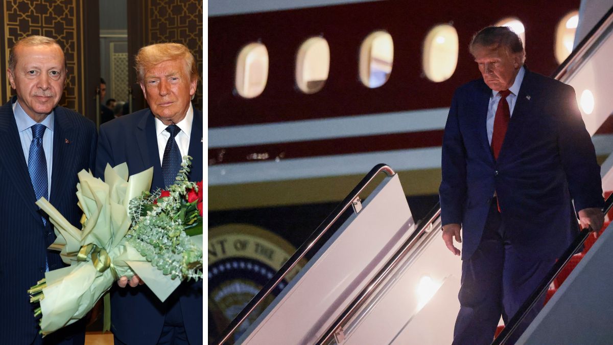 US President Donald Trump with Turkish counterpart Recep Thayyip Erdogan. (Right) Trump disembarks Air Force One at Joint Base Andrews | Reuters 