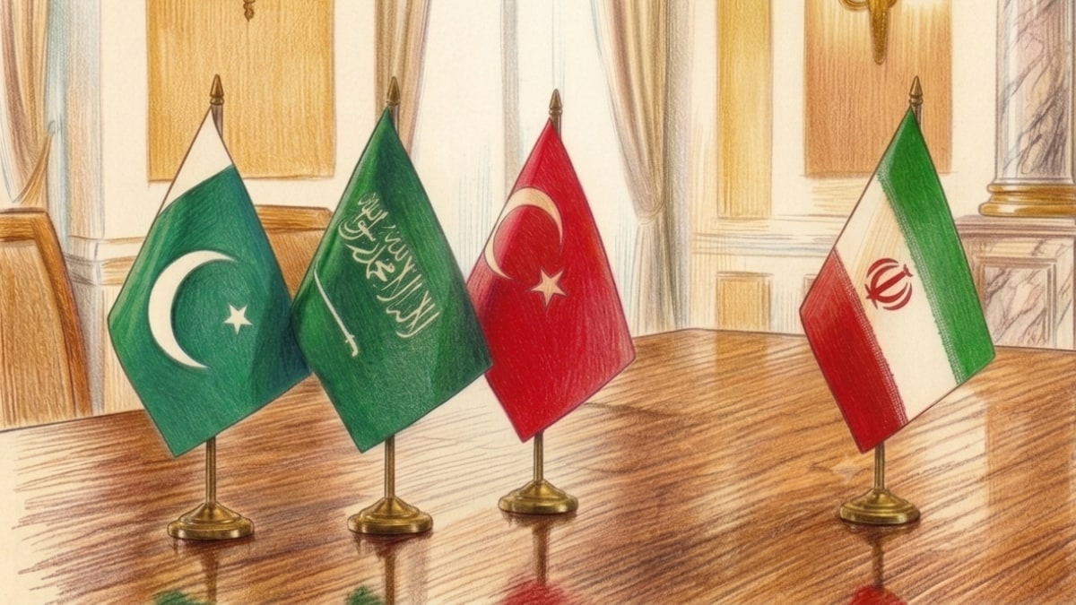 An AI-generated representative image showing the flags of Pakistan, Saudi Arabia, Turkey, and Iran | THE WEEK