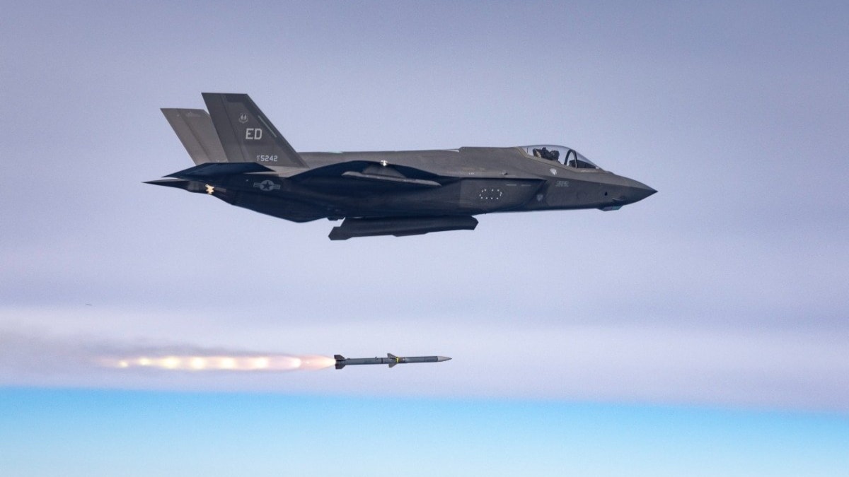 A missile being fired by a Lockheed Martin F-35 Lightning II stealth fighter jet | X