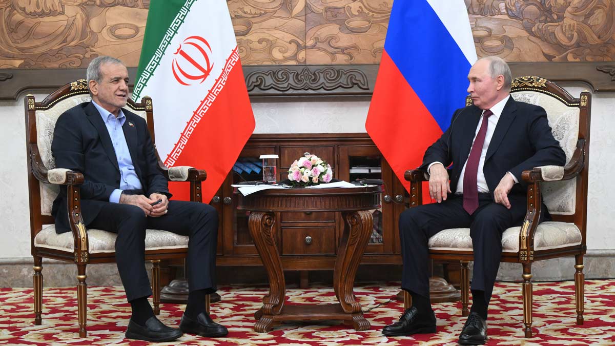 Russian President Vladimir Putin, right, and Iranian President Masoud Pezeshkian talk during their meeting on the sidelines of the Shanghai Cooperation Organization (SCO), in Bishkek | AP