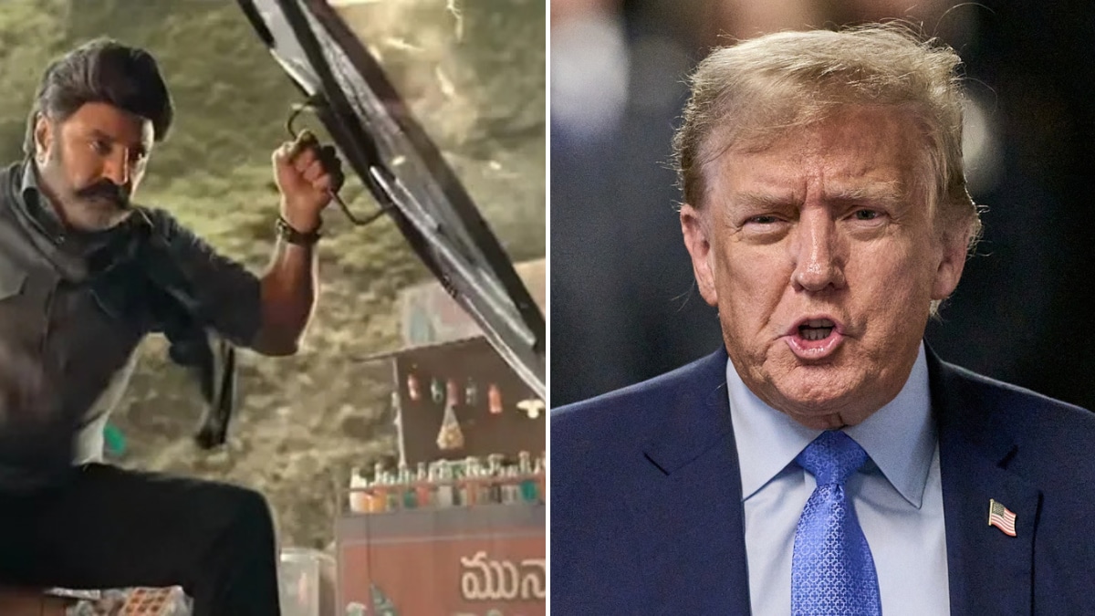 A screengrab of the scene from Nandamuri Balakrishna's 'Bhagavanth Kesari' shared by Iran (L),  and US President Donald Trump (R) | X, AP