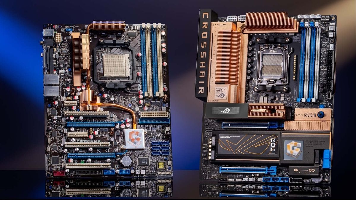 The Asus ROG Crosshair motherboard: Left is the original 2006 version and the right is th 20th anniversary edition | ROG