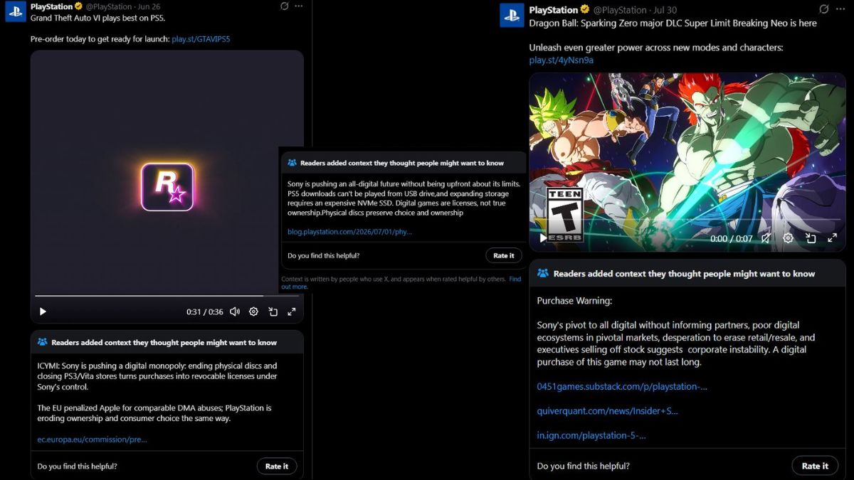 Screenshots of community notes on X below PlayStation's posts | X