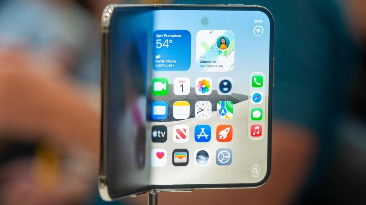 The new foldable iPhone Duo is displayed during an Apple event at the Steve Jobs Theater in Apple Park in Cupertino, California, on September 9, 2026. It starts at  ₹2,99,900 in India | AFP