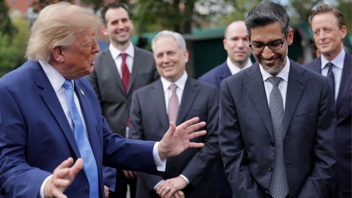 Google CEO Sundar Pichai (right) reacts as US President Donald Trump speaks at the White House driveway in Washington, D.C on September 29, 2026 | REUTERS