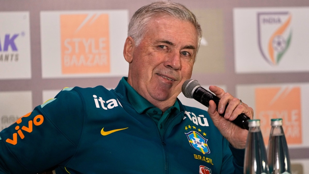 Brazil's head coach Carlos Ancelotti answers a question during a press conference ahead of a friendly soccer match against India in Kolkata | PTI