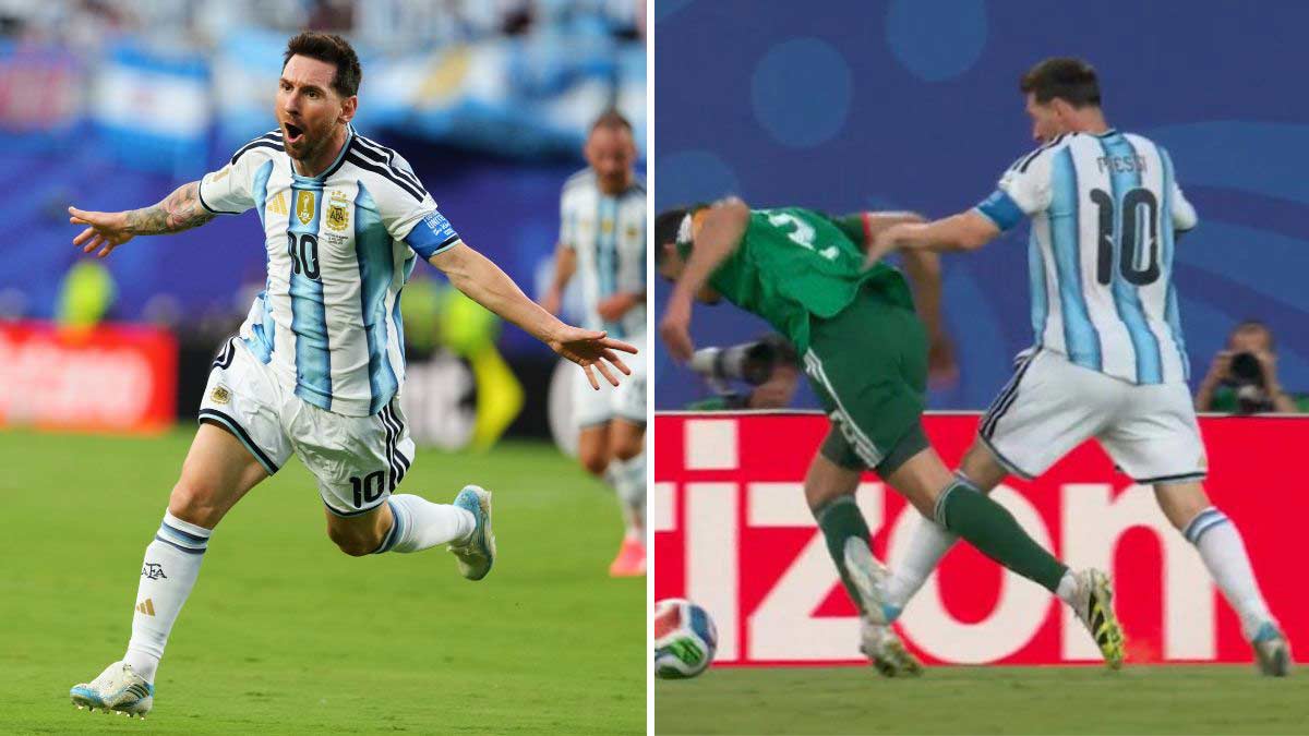 Argentina's Lionel Messi celebrates after scoring the opening goal during the World Cup Group J match against Algeria in Kansas City | AP/PTI; a screengrab showing Messi's foul on Aissa Mandi