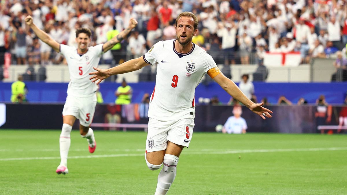 England's Harry Kane celebrates scoring their second goal | Reuters