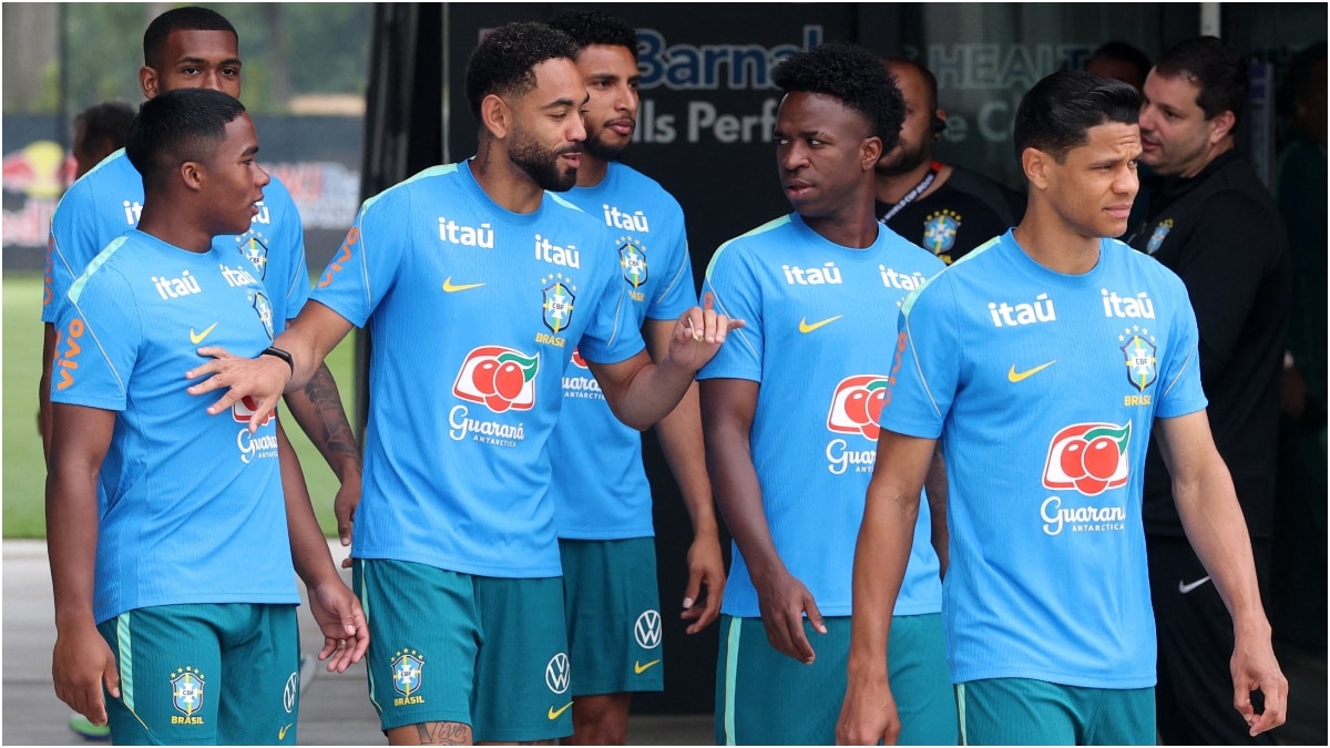 Brazil's Douglas Santos, Endrick, Matheus Cunha, Ederson, Rayan and Vinicius Junior during training | Reuters
